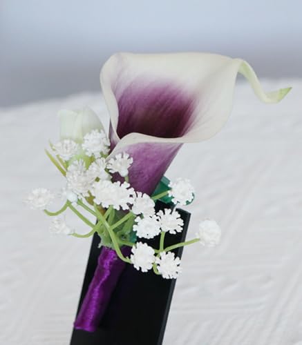 Artificial Calla Lily Wedding Boutonniere Groom and Groomsmen Buttonholes Flower with Pins Prom Party Suit Decoration Anniversary Accessories for Man (Purple,8) - color: Purple