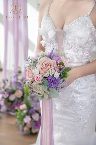 TINGE TIME Artificial 9 Inch Bridal Bouquet,Pink&Violet Flower Bouquet with Roses for Bride, Bridal Tossing Bouquet for Wedding Ceremony Anniversary Bridal Showers Wedding Church Decoration - color: Pink & Violet