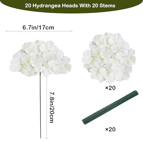 20 Pcs White Hydrangea Artificial Flowers Bulk, Faux Hydrangea Flowers Heads, Artificial Fake Silk Hydrangea Flowers with Stems, White Flowers Artificial for Decoration Wedding Décor - color: White, size: 20 Pcs