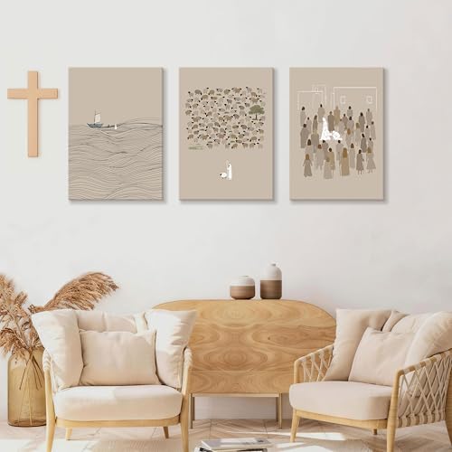 WENGTIAO 3Pcs Christian Wall Art Jesus Canvas Art Prints Beige Bible Sketches Painting Pictures Inspirational Scripture Artwork Religious Wall Decor for Living Room Church Prayer Room 16”x24”x3 - color: Jesus Bible Story, size: 16"x24"x3Pcs