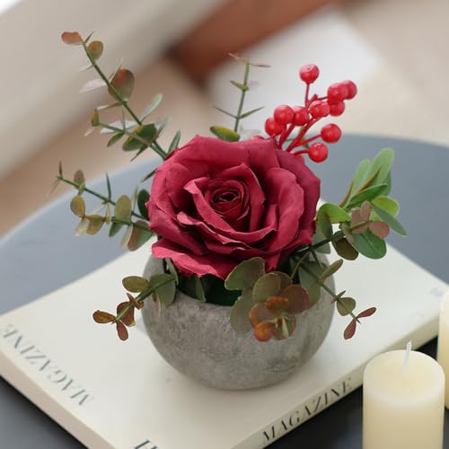 mizii DIY Small Artificial Flowers Potted Kit Fake Flower Realistic Silk Rose and Greenery with Vase for Gifts Table Centerpiece Mantle Office Desk Shelves Living Room Decorations (Burgundy) - color: Burgundy
