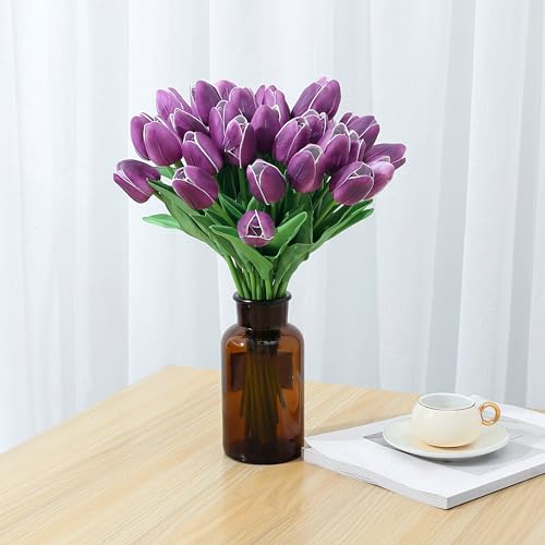 SITUMEIZI 15pcs Purple Tulips Fake Artificial Flowers Real Touch 14" PU Flower for Home Decor Spring Easter Wedding Bouquet Decorations Floral Arrangements# - color: Purple