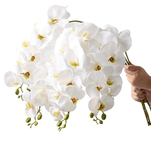 2Pcs White Orchids Artificial Flowers 38" Long Stem Fake Orchid,Real Touch Latex Faux Phalaenopsis with 9 Large Orchids for Home Décor Centerpiece Arrangements