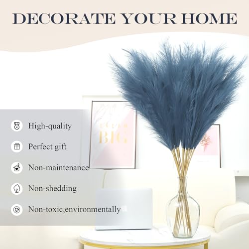 43" Faux Pampas Grass Decor - 8 PCS Tall Fluffy Pampas Grass Flower Arrangement and Vase Filler for Boho Home Wedding Mothers Day Decoration (Navy Blue) - color: Navy Blue