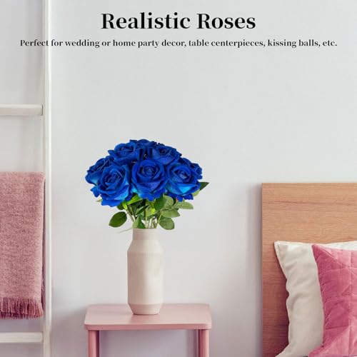 10 PCS Artificial Roses with Long Stems Silk Flowers Realistic Foam Flowers Fake Roses for Valentine's Day Home Wedding Halloween Decor(Blue) - color: Blue