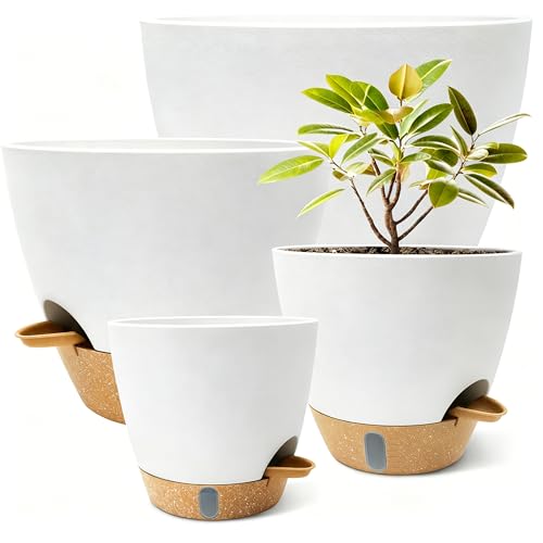 4-Pack Large Self Watering Pots for Indoor Plants, 12/10/9/8 Inch Planters with Visible Water Level Window, Automatic Watering System for Monstera, Fiddle Leaf, Herbs, Succulents, White - color: White+