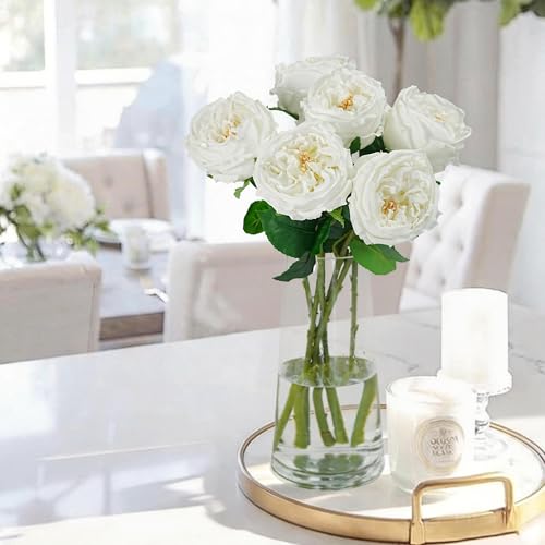 6Pcs Peonies Artificial Flowers, 17'' Real Touch Peonies Fake Flower, David Austin Roses Fake Peonies in Pot for Home Decor Wedding Balcony Bathroom Party Valentines Arrangement, White - color: White