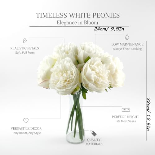 10pcs Artificial Peony Flowers Silk Peonies Realistic Flower Bouquet for Vase Decor Wedding Table Centerpieces Valentines Gifts (Ivory White) - color: White