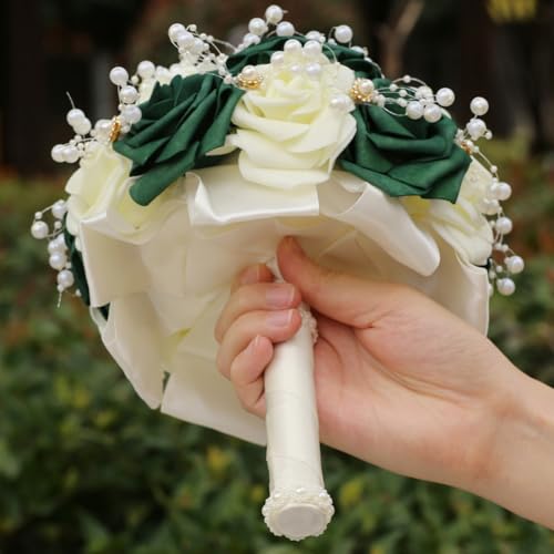 Round Green Ivory Artificial PE Rose Bouquet with Pearl and Rhinestone for Bridal Toss and Bridesmaids Suit for Wedding Party - color: Green Pearls