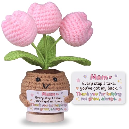 for Mom from Daughter Son - Handmade Crochet Tulip Bouquet in Smiling Flower Pot, 3 Pink Tulip Flowers with Thank You Mom Card, Potted Plant Gift for Grandma Wife Sister, Desk Decor - color: Thank You Mom