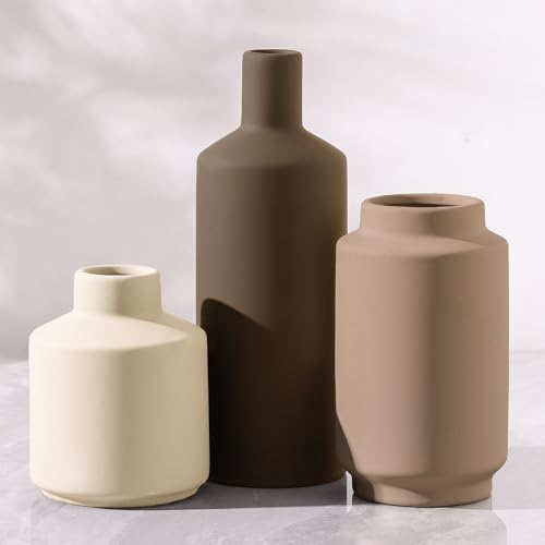 Ceramic Vase Set of 3 Terracotta Brown Beige, Modern Small Flower Vases for Home Decor, Boho Farmhouse Rustic Decorative Vases for Living Room Table Shelf Kitchen Bedroom Centerpieces - color: Multi 3q