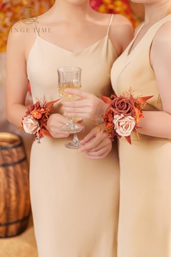 TINGE TIME Set of 2 Wrist Corsage Bracelets Pearl Wristlet Band Bridesmaid Bracelet for Wedding Ceremony Bridal Shower Wedding Artificial Flower Prom (Maple Red) - color: Maple Red