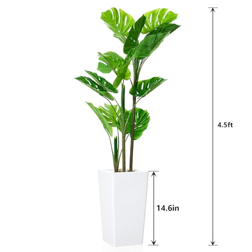 Artificial Monstera Plant, 4.5FT Tall Faux Tropical Palm Tree with 14'' White Tall Planter, Indoor Floor Plants for Living Room Home Office Decor - size: 4ft 6in