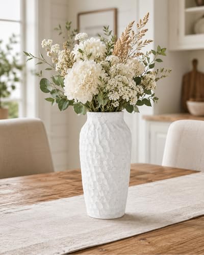 White Ceramic Vase for Flowers, Textured Speckled Hammered Finish Decorative Vase for Living Room, Table Centerpiece & Modern Home Decor - color: White, size: 12.4 Inch