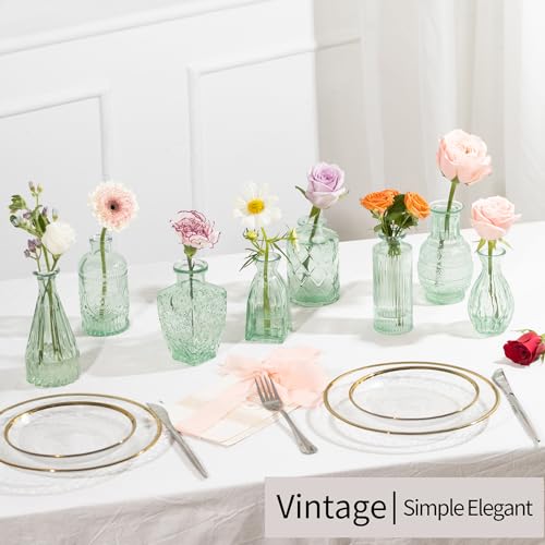Vintage Small Glass Vases Set of 10,Mini Bud Vases for Flowers,Amber Glass Vases for Centerpieces,Wedding Decorations,Home Table Flower Decor(Sage Green) - color: Sage Green