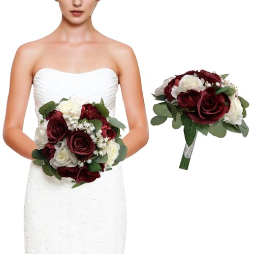 11 Inch Burgundy & White Silk Rose & Peony Bridesmaid Bouquet - Elegant Formal Wedding Decoration - color: Burgundy & White