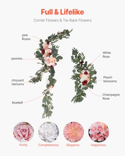 VEVOR Artificial Wedding Arch Flowers Kit, Pink Wedding Arch Flowers with Drapes Kit (Pack of 5) - 2 Pcs Floral Arrangement, 3 Pcs Sheer Drapes, for Ceremony Bouquets Reception Backdrop Decoration - color: Dusty Rose, size: 5 Pcs