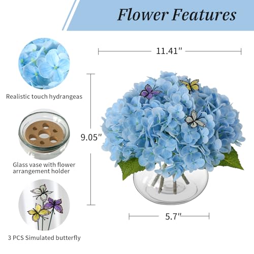 Leftover Hydrangea Artificial Flowers with Vase,Blue Real Touch Hydrangea Flowers with Butterfly,Faux Hydrangea Flowers for Floral Centerpieces for Tables,Home Decor,Wedding Decor,Coffee Table Decor - color: Blue Hydrangea