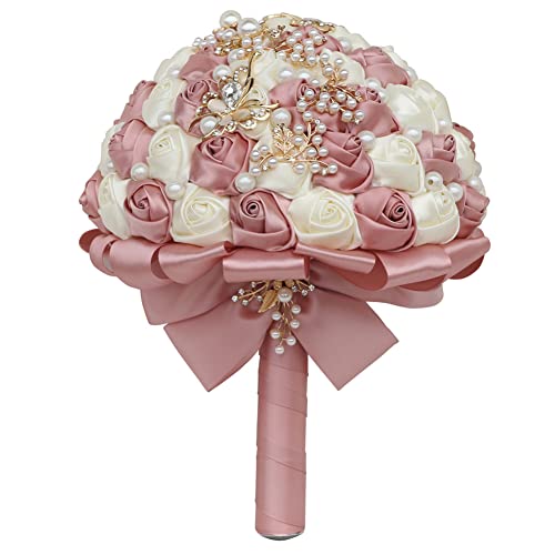 Sharebeauty 5.9 Inch Handmade Satin Rose Bridal Bouquet Toss Round Wedding Bouquet Throw Toss Artificial Flower Bunch Pastel Pink + Ivory - color: W322g50 Pastel Pink/Ivory, size: 5.9 inches / 15 cm