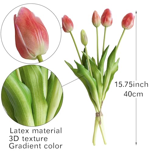 Artificial Tulips Flowers,Soft Touch Latex Bouquet, Fake Tulips,Spring Wedding Home Room Table Centerpiece Decor - color: Coral Pink(no Vase)