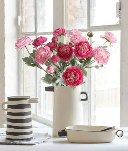 IPOPU Fake Peonies Artificial Ranunculus Flowers 6pcs 18Heads Pink Flowers Combo Hot Pink Silk Flowers 20.47" Artificial Flowers Bulk for Faux Floral Arrangements Home Table Decor (Multi-Pink) - color: Multi-pink