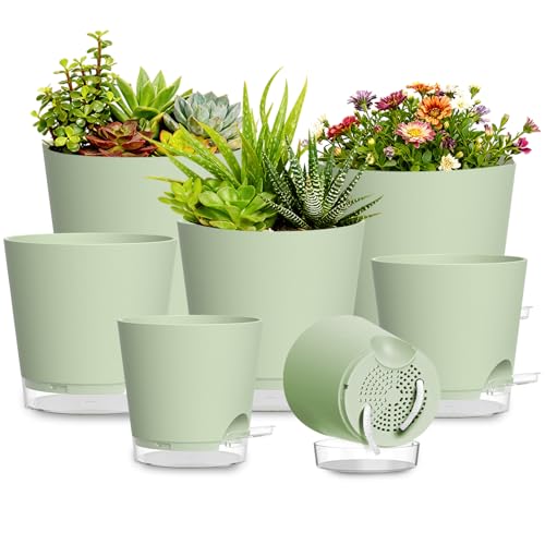Plant Pots 4/5/5.5/6/6.5/7/8 Inch Self Watering Pots, 7 Pack Plastic Planters with Drainage Holes and Clear Saucers,Plastic Flower Pots,Nursery Planting Pot for Indoor Out Door Plants (Green) - color: Green, size: 4/5/5.5/6/6.5/7/8 inch