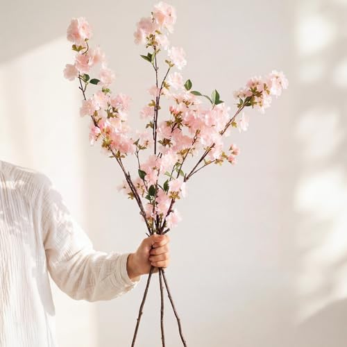 3 Pcs Pink Cherry Blossom Branches 37 Inch Artificial Fake Realistic Cherry Blossom Stems Silk Faux Extra Long Stem Flowers for Tall Vase Home Decor Wedding Table Centerpieces - color: Pink