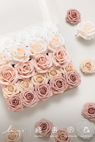 Ling's moment Artificial Flowers Fake Silk Roses Faux Foam Flower Combo for DIY Wedding Bouquets Centerpieces Arrangements Bridal Shower Party Home Decorations, Dusty Rose & Cream, 23pcs - color: Pk-dusty Rose & Cream