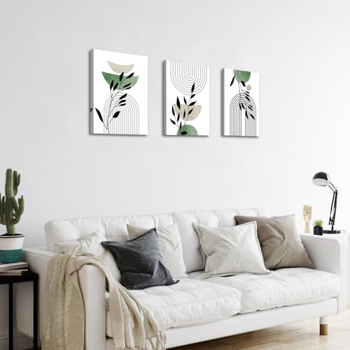WENGTIAO 3Pcs Boho Sage Green Canvas Wall Art MInimalist Geometric Line Leaf Pictures Prints Paintings Abstract Mid Century Botanical Green Plant Artwork for Living Room Bedroom Bathroom 12x16x3 - color: Boho-sage green, size: 12"x16"x3Pcs