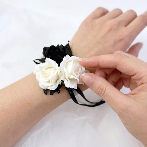 Wedding Flower Set with Rose Corsage and Boutonniere for Men (Black & White) - color: Black & White