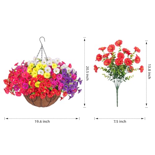 Artificial Faux Hanging Plants Flowers for Outdoors Baskets Spring Outside Decor, Fake Silk Morning Glory in Planter Look Real UV Resistant Outdoor Flowers for Porch Patio Balcony Garden Yard Home - color: B 6 Mixed