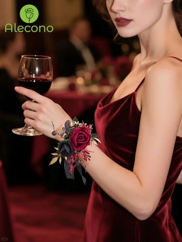 Alecono Set of 2 Wrist Corsage for Wedding, Burgundy and Black Corsages for Bride Bridesmaid, Artificial Flowers for Prom Graduation Ceremony Anniversary - color: Burgundy, size: Wrist Corsage 2pcs