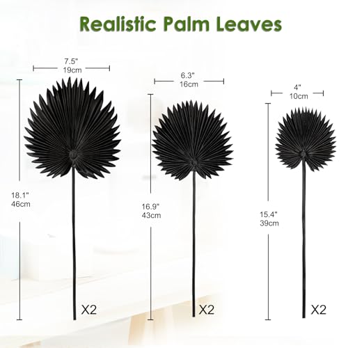 6 Pcs Pu Foam Black Artificial Palm Leaves Faux Palm Tropical Leaves Fake Palm Fronds for DIY Wedding Bouquets Fake Leaves for Centerpieces Arrangements Bridal Shower Palm Leaf for Home Decor - color: Black Palm