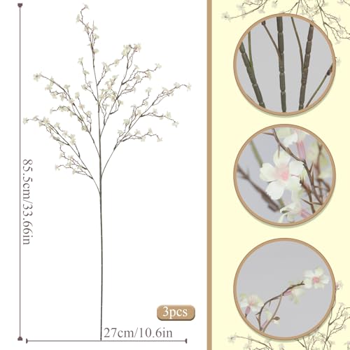 3 Pcs Cherry Blossom Branches Artificial Flowers for Spring Summer Indoor Decoration Faux Cherry Blossom Long Stems Creamy White Silk Fake Flowers for Tall Vase Arrangements Home Wedding Table - color: Creamy White