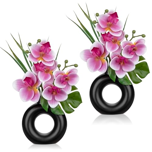Briful 2PCS Pink Orchid Artificial Flowers in Black Ceramic Pot Silk Orchid Floral Arrangement Fake Orchid Plant for Home Office Dining Room Shelf Table Centerpiece Modern Decor - color: Pink