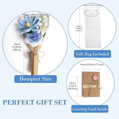 Crochet Flower Bouquet, Handmade Knitted Tulip Faux Crochet Flowers for Home Decor Valentine’s Day Anniversary Weddings Birthdays Mother’s Day, Includes Gift Bag and Greeting Card(Mini Blue) - color: Mini Blue