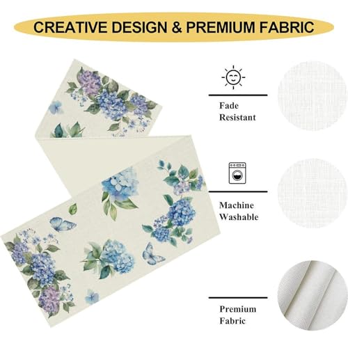 Blue Floral Table Runner, Spring Summer Watercolor Hydrangea Flower Butterfly Country Farmhouse Coffee Table Center Decor for Home Kitchen Dining Patio Holiday Party Table Decorations 13x36 inches - color: Tr-flower01, size: 13x36" Table Runner