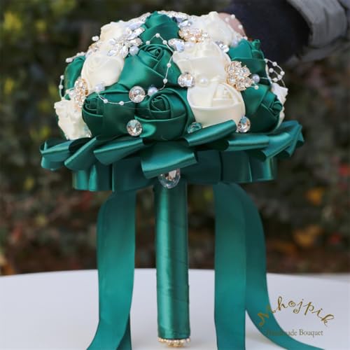 7.5" Dark Green & Ivory Bridal Wedding Bouquet Round Holding Bouquet Throw Toss Artificial Rose Flower Bunch for Bride Bridesmaid Wedding Quinceanera - color: Dark Green & Ivory, size: Small (Dia. 7.5"/19cm)