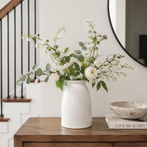 White Ceramic Vase Modern Minimalist Table Centerpiece, Round Smooth Flower Holder for Living Room, Shelf, Mantel, Wedding & Home Decor-8.3" H - color: White-8.5inch