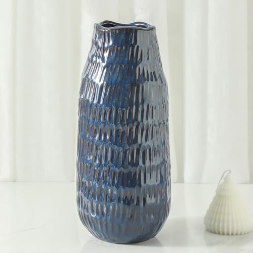 Blue Ceramic Vase for Home Decor, 12.6 Inch Tall Flower Vase with Modern Textured Finish,Decorative Floor Vase for Pampas Grass, Entryway, Living Room, Dining Table, Farmhouse or Office - color: Blue-12.6inch