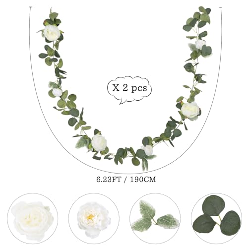 2 Pack White Artificial Peony Garland 6.2ft/Piece Silk Fake Flower Vines Faux Eucalyptus Garland with Peony Flower for Wedding Arch Home Table Mantle Party Backdrop Decoration (White) - color: White