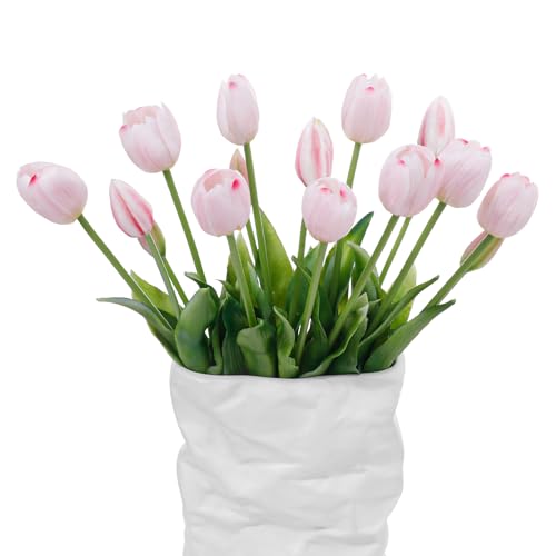 15 Pcs Light Pink Artificial Tulips Fake Flowers, Premium Latex Lifelike Texture, UV Resistant Waterproof Faux Tulip Bouquets with Snap-on Petals for Outdoor, Home, Wedding Decor - color: Light Pink