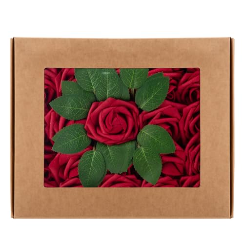 Cliselda 100Pcs Red Fake Roses Artificial Flowers with Stems, Valentine's Day Mothers, Real Touch Foam Rose Bulk Faux Flowers for Wedding Bouquets Centerpieces Flower Arrangement - color: Red