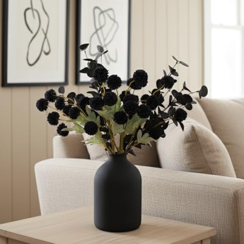 RyddeligHome Black Artificial Flowers for Centerpieces Bulk 10 Long Stems /50 Small Faux Silk Mum Balls + Black Eucalyptus Stems 2 Branches, Fall Boho Halloween Home Decor Indoor, Gothic Flowers - color: Black
