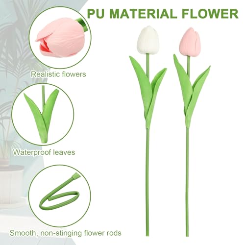 uxcell 20pcs Tulips Artificial Flowers, Faux Flowers Silk Fake Tulip Stems Real Touch for Wedding Bouquet Centerpiece Table Party Decoration(Candy Pink, Pure White) - color: Candy Pink, Pure White