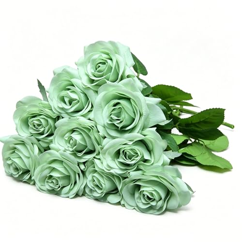 10 Pcs Real Touch Artificial Roses Fake Rose Long Stem Silk Faux Flowers Bridal Bouquet for Wedding Home Decor Romantic Valentine Gifts (Green) - color: Green