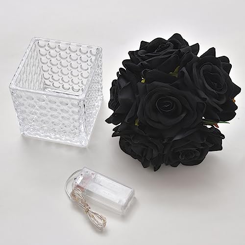 Fule Artificial Silk Rose Flower Centerpiece Arrangement in Glass Vase with LED Light for Home Wedding Decoration (Black) - color: Black