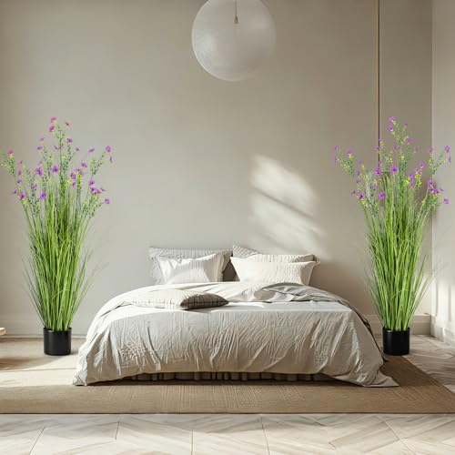Jexine 2 Pack 4ft/47inch Artificial Grass Plant Outdoor Artificial Greenery Grass in Pot with Fake Purple Flowers for Spring Room Office Indoor Outdoor Decor Housewarming Gifts - color: Purple Fuchsia, size: 4ft