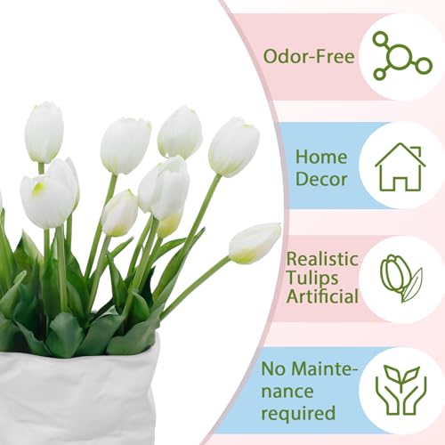 15 Pcs White Artificial Tulips Fake Flowers, Premium Latex Lifelike Texture, UV Resistant Waterproof Faux Tulip Bouquets with Snap-on Petals for Outdoor, Home, Wedding Decor - color: White