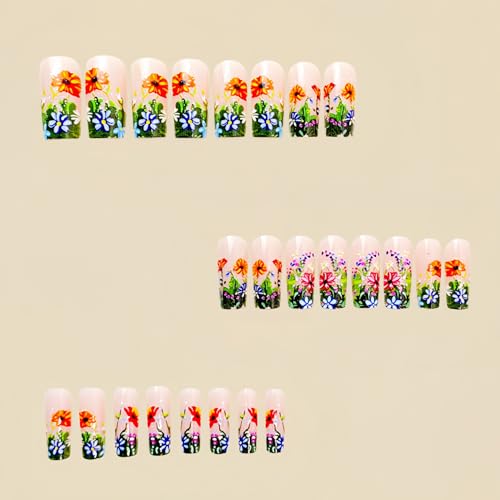 Flower MIXFOSAHN Press on Nails Medium Square Fake Nails Color False Nails with Flowers Cluster Designs Glossy Full Cover Stick on Nails Glue on Nails Spring Acrylic Nails for Women Girls 24 Pcs - color: Flower Square14